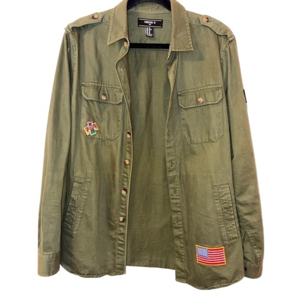 Forever 21 Olive Green Utility Jacket Patch Cotton Shirt XS Fits Women Medium